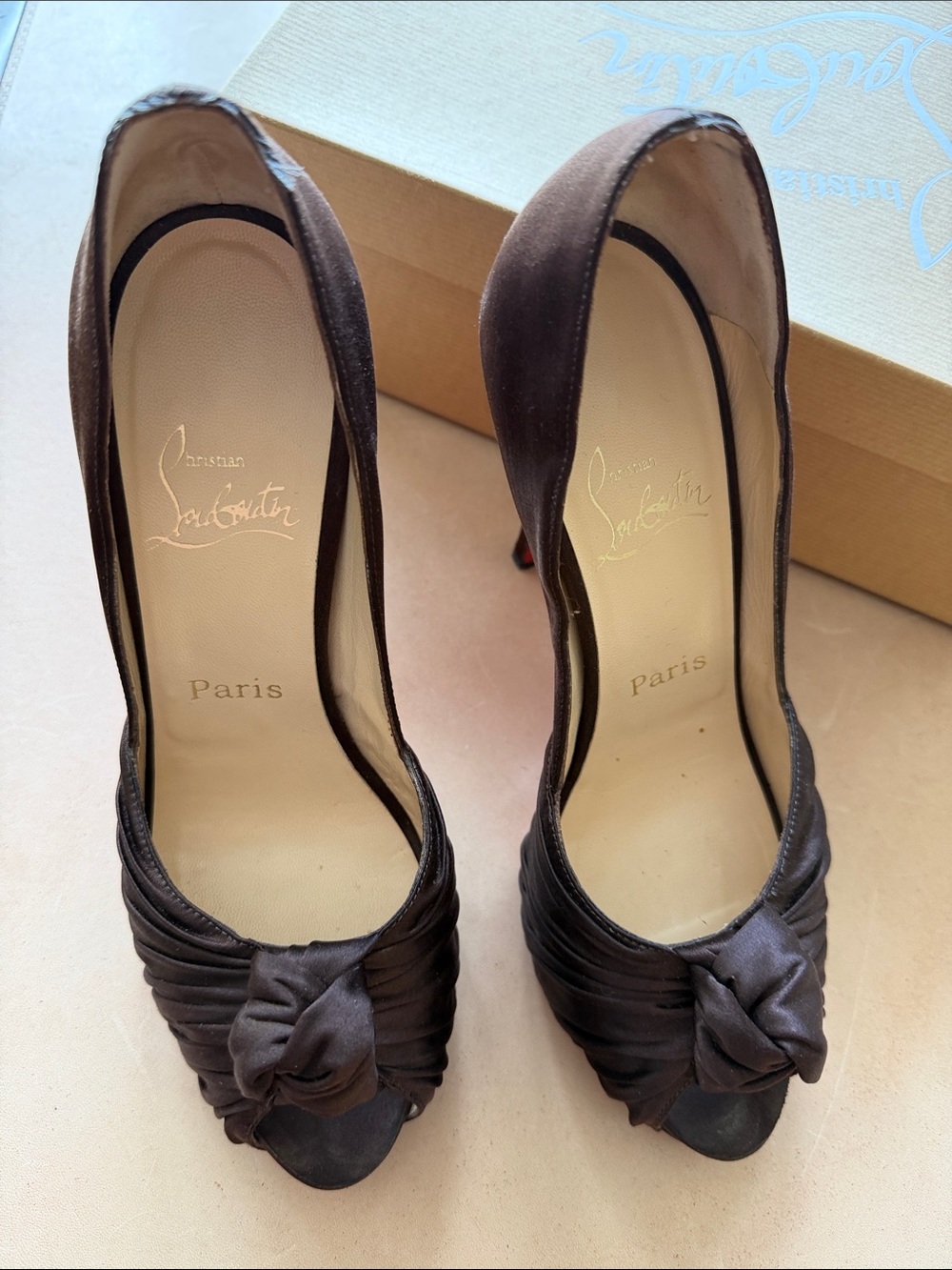 Christian Louboutin Dark Brown Satin Peep-Toe Knot Pumps